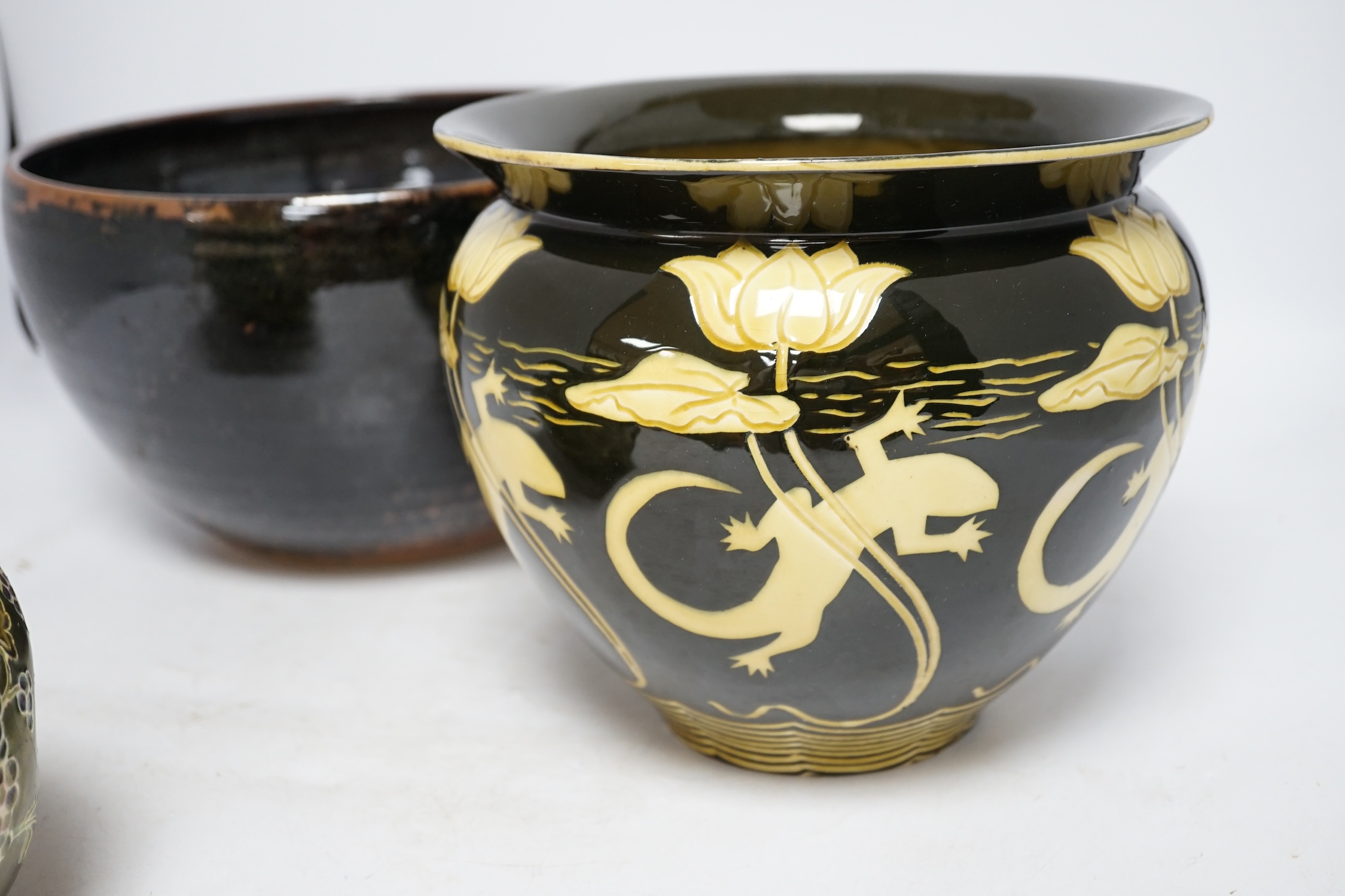 A large Winchcombe pottery bowl by Neil Alcock, a ‘lizard’ jardiniere and a lustre glazed small jardiniere, tallest 19cm., Condition - two fair, smallest example poor